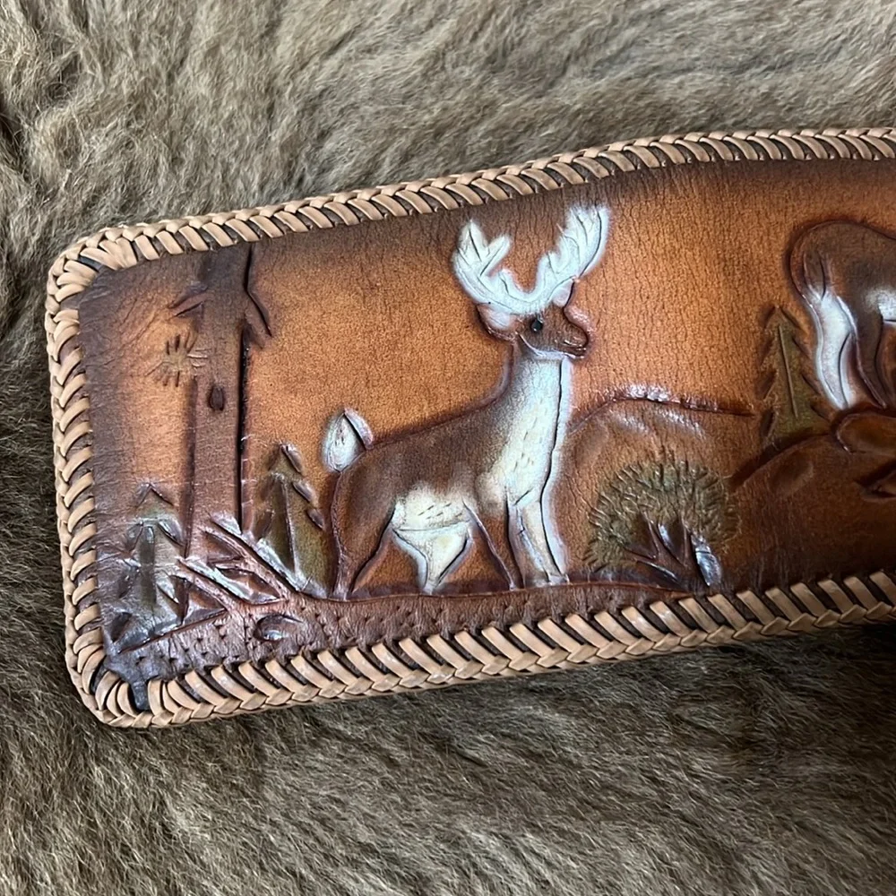 70s Deer Hide Tooled Leather Wallet Bifold Vintage